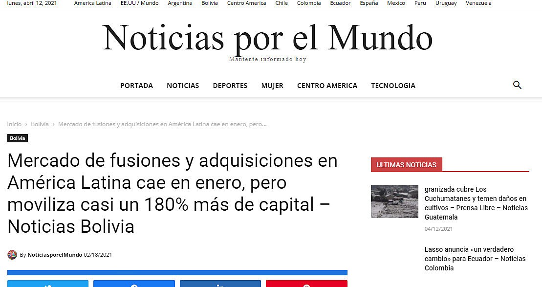 Mercado de fusiones y adquisiciones en Amrica Latina cae en enero, pero moviliza casi un 180% ms de capital  Noticias Bolivia